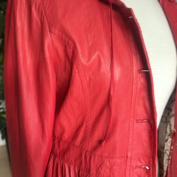 Vintage GENUINE Soft Coral Red Leather SCHAFSTALL Germany Parka Coat size 38 - Picture 12 of 16